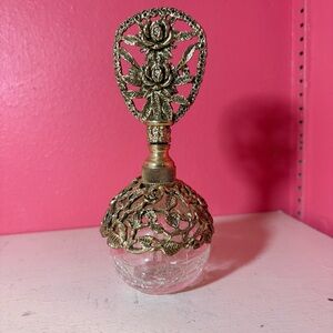 Vintage Gold Clear Glass Perfume Bottle Crackle Rose Beautiful Hollywood Vanity